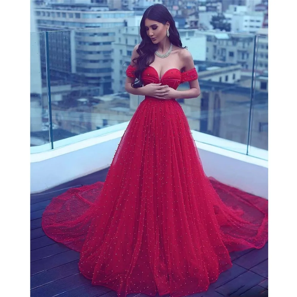 Saudi Arabia Off the Shoulder Prom Dress Red Crystals Pearl Evening Gowns Sexy Sweetheart Formal Party Dresses
Saudi Arabia Off the Shoulder Prom Dress Red Crystals Pearl Evening Gowns Sexy Sweetheart Formal Party Dresses