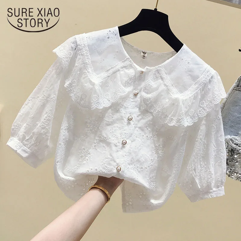 Summer 2021 Lace Embroidery Blouse Women French Hollow Out Peter Pan Collar Blusa Shirts Elegant Short Sleeve Female Top 15010
Summer 2021 Lace Embroidery Blouse Women French Hollow Out Peter Pan Collar Blusa Shirts Elegant Short Sleeve Female Top 15010
