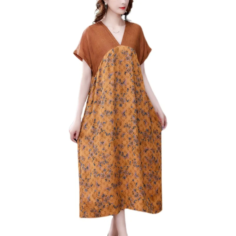 COIGARSAM 4XL Plus Size Loose Women Long dress Summer V-Neck Dresses Yellow 8098
COIGARSAM 4XL Plus Size Loose Women Long dress Summer V-Neck Dresses Yellow 8098