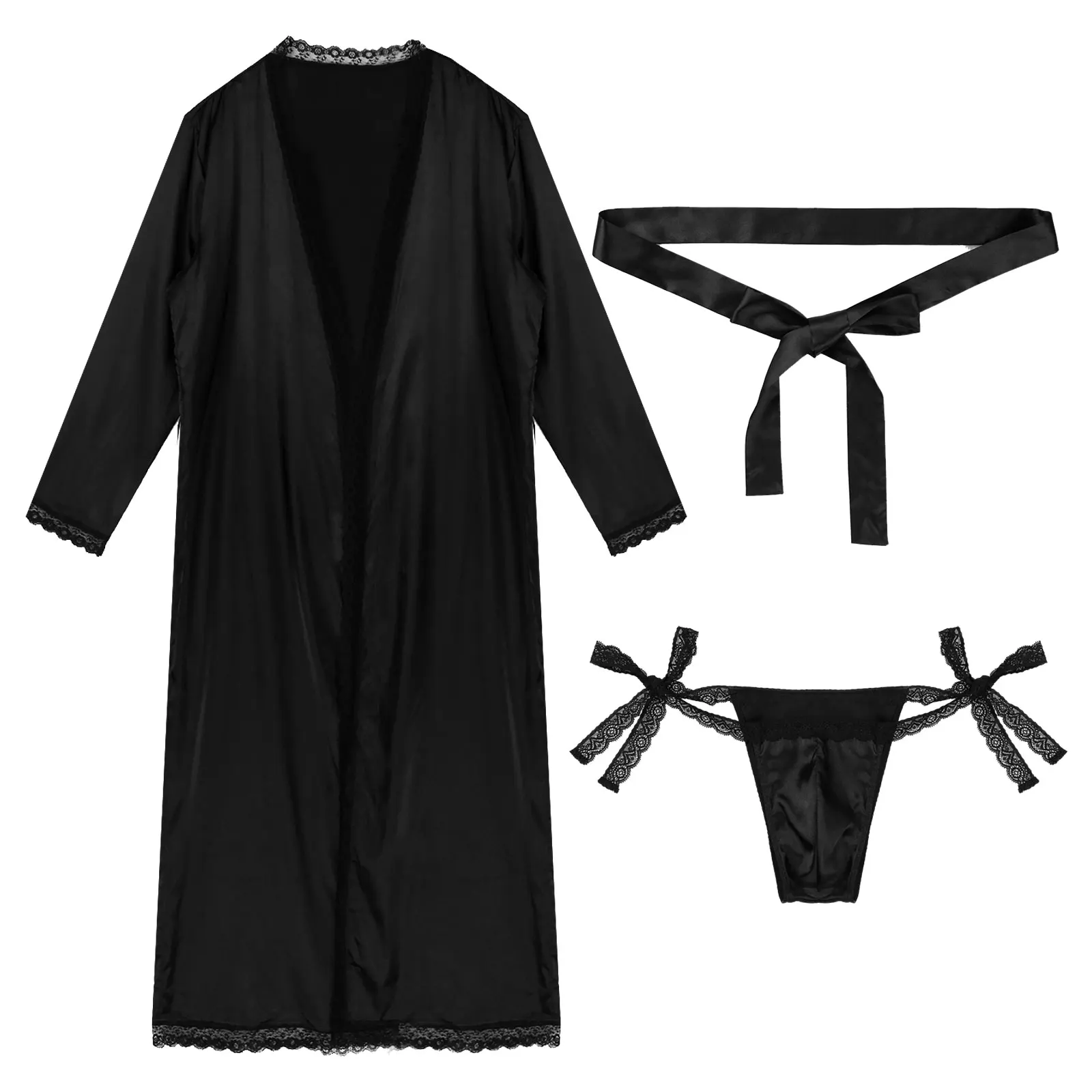 Men Satin Belted Bathrobe Kimono Night-robe with Lace-Up Thongs Two-piece Sissy Set Nightwear Lace Trim Long Sleeve Robe Sets
Men Satin Belted Bathrobe Kimono Night-robe with Lace-Up Thongs Two-piece Sissy Set Nightwear Lace Trim Long Sleeve Robe Sets