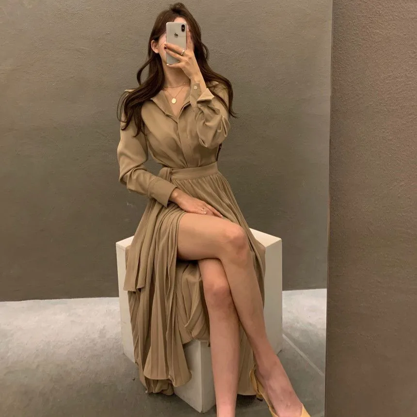 Harajuku Style Spring Autumn Women Fashion Vintage Solid Sexy Turn-down Collar Party Dress Casual Pleated Sashes Elegant Dress
Harajuku Style Spring Autumn Women Fashion Vintage Solid Sexy Turn-down Collar Party Dress Casual Pleated Sashes Elegant Dress