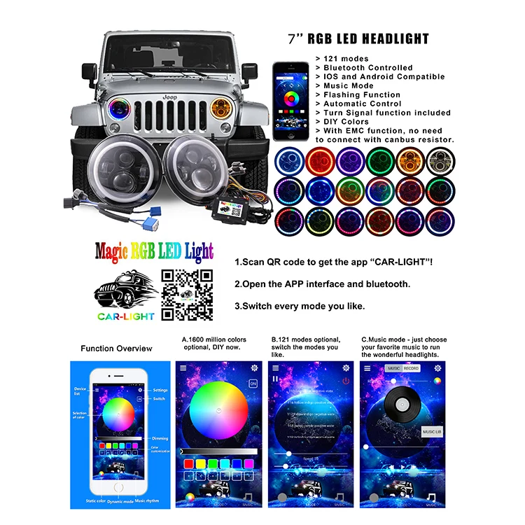 Bluetooth controlled 7" RGB led headlight with amber turn signal 4" RGB fog light for JK
Bluetooth controlled 7" RGB led headlight with amber turn signal 4" RGB fog light for JK