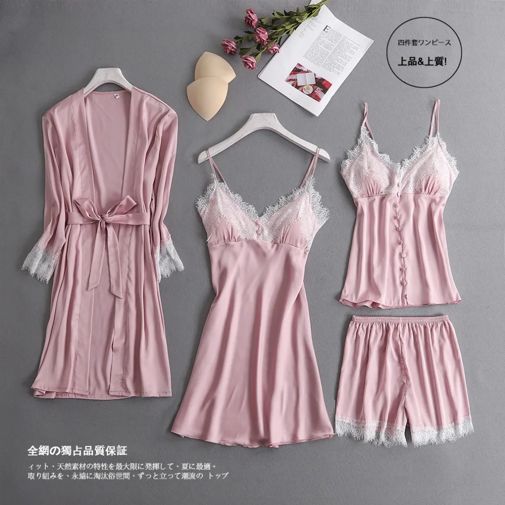 Robe Sets 4 Pieces Robe+Nightdress+Top+Shorts Silk Satin Bathrobe Set Summer Sleepwear Lace Nightwear Set For Women Pijama Mujer 
Robe Sets 4 Pieces Robe+Nightdress+Top+Shorts Silk Satin Bathrobe Set Summer Sleepwear Lace Nightwear Set For Women Pijama Mujer