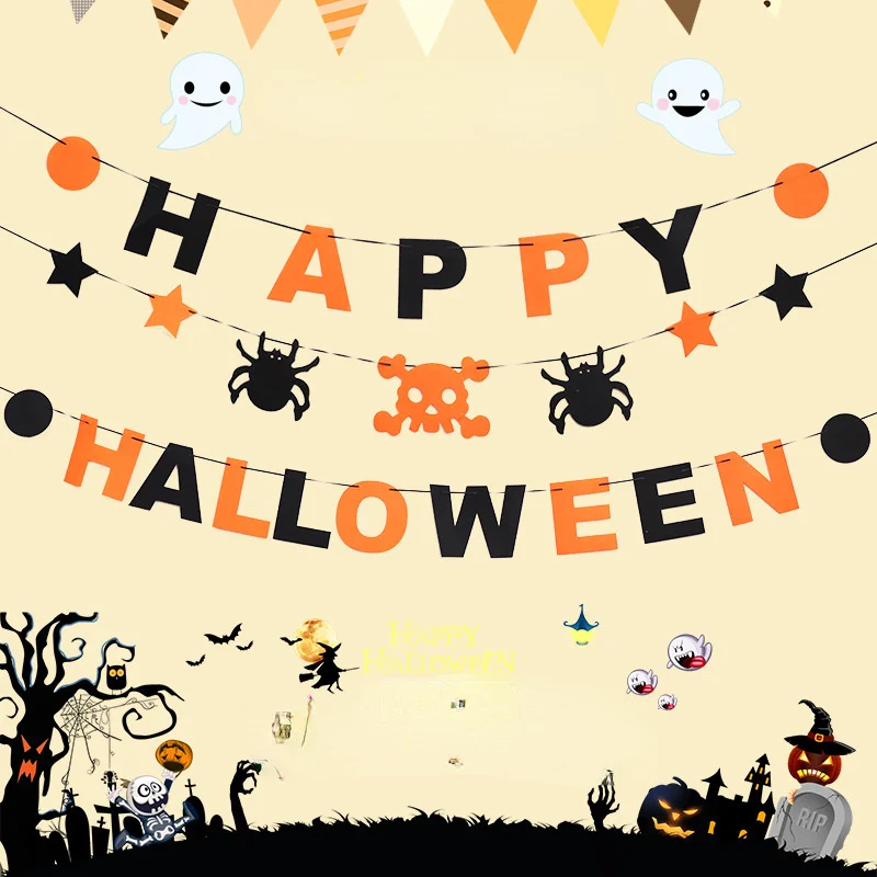 Halloween KTV Bar Is Decorated with Non-woven Jacquard Halloween Letter Flag Pulling Combination DIY Hanging Flag Accessories
Halloween KTV Bar Is Decorated with Non-woven Jacquard Halloween Letter Flag Pulling Combination DIY Hanging Flag Accessories