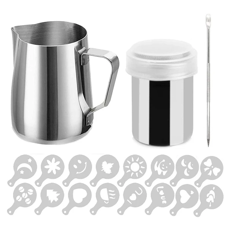 Stainless Steel Milk Frothing Pitcher 20Oz Coffee Shaker Duster Sugar Powder Cocoa Sifter with Cappuccino Coffee Stencil
Stainless Steel Milk Frothing Pitcher 20Oz Coffee Shaker Duster Sugar Powder Cocoa Sifter with Cappuccino Coffee Stencil
