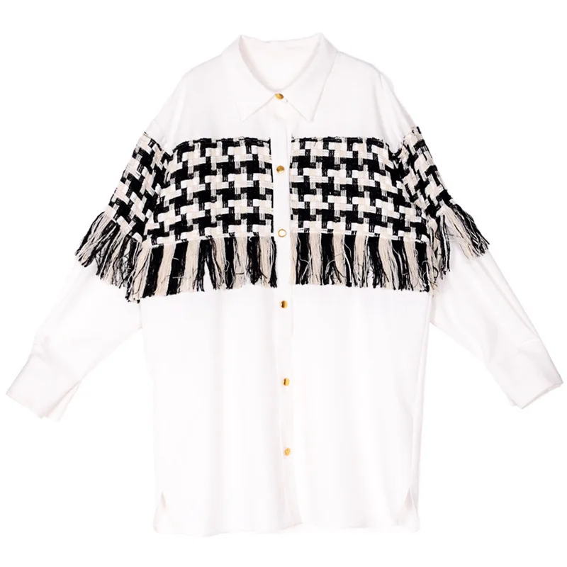 thin fragrance black and white thousand bird pattern tassel shirt splicing fake two piece loose Long Sleeve Dress
thin fragrance black and white thousand bird pattern tassel shirt splicing fake two piece loose Long Sleeve Dress