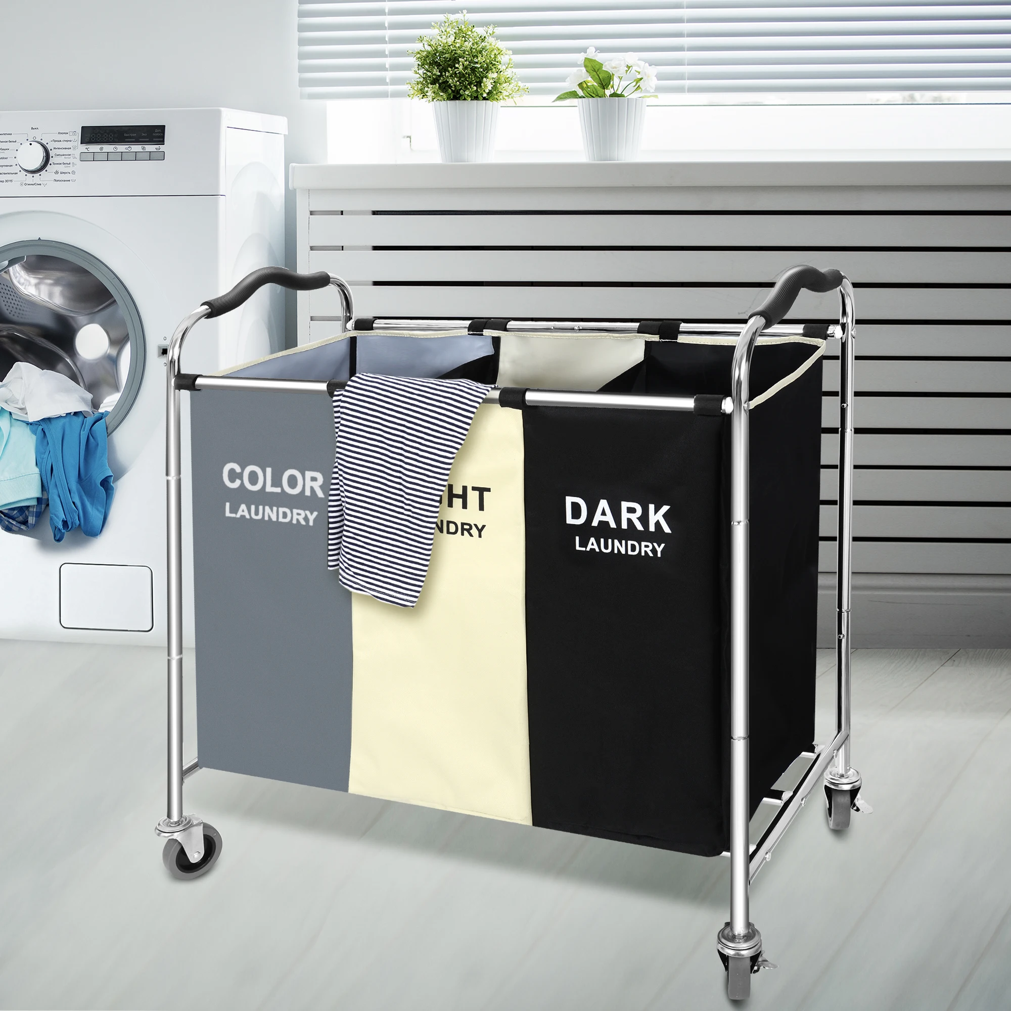 240L 3-Bag Laundry Hamper Basket Sorter Cart, 16 X 30 X 35 inch Heavy Duty Rolling Wheels with Break for Dirty Clothes Storage B
240L 3-Bag Laundry Hamper Basket Sorter Cart, 16 X 30 X 35 inch Heavy Duty Rolling Wheels with Break for Dirty Clothes Storage B