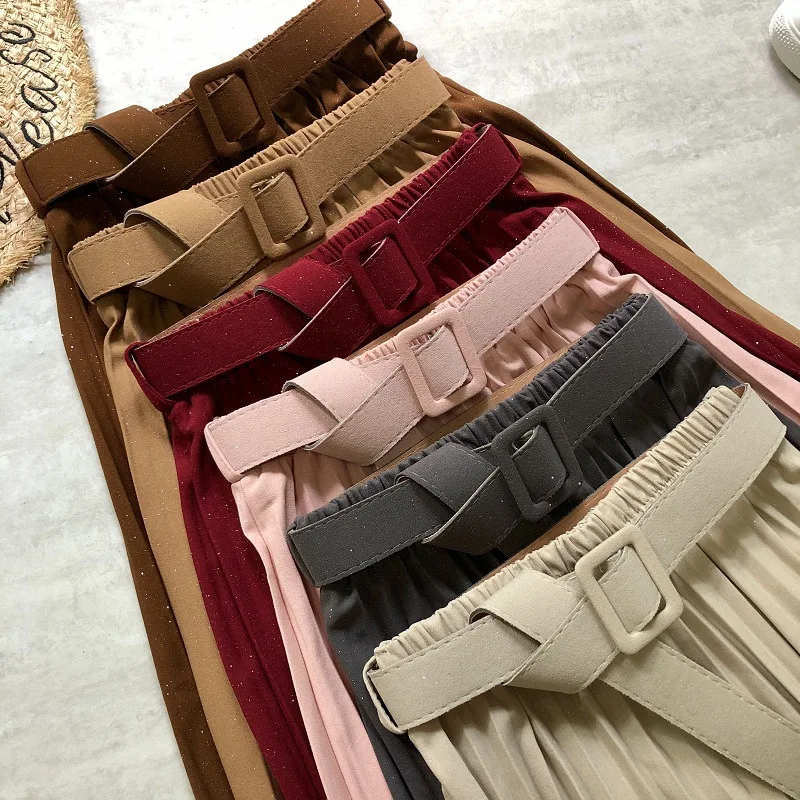 

Autumn Drape Belted Pleated Long Skirts Elastic Waist Bling Bling Solid Color A-line Calf Long Skirts Burgundy Pink Blue Green