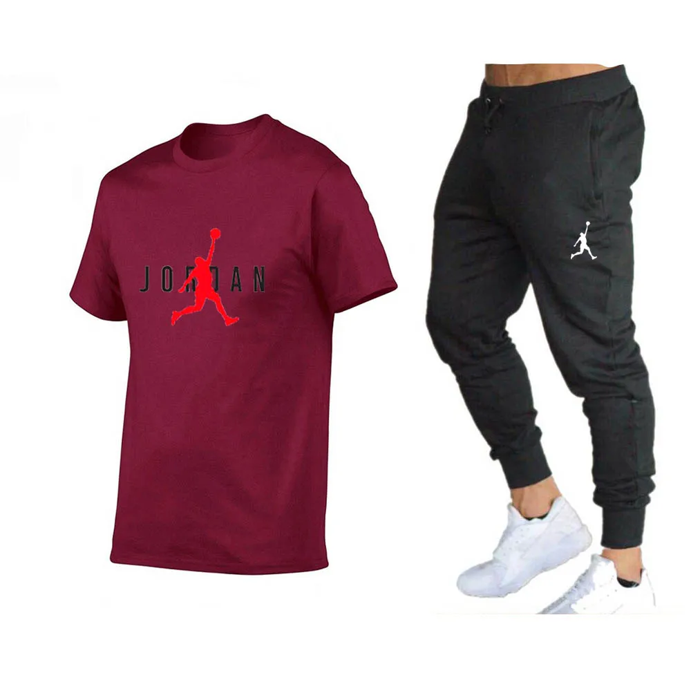 Hot-selling summer cotton men's T-shirt + pants suit casual brand fitness jogging pants T-shirt hip-hop fashion men's sportswea