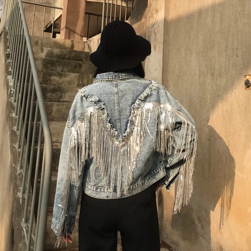 

Women's Denim Jacket Coat Streetwear Female Denim Jacket Women Jean Jackets Outerwear Hot Fringed Rivet Denim Jacket Girl