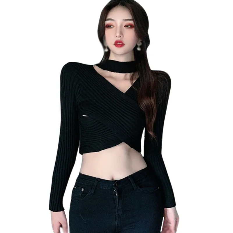 Осенняя Женская трикотажная футболка с лямкой на шее, однотонная, в Корейском стиле, облегающая, сексуальная, облегающая футболка
Осенняя Женская трикотажная футболка с лямкой на шее, однотонная, в Корейском стиле, облегающая, сексуальная, облегающая футболка