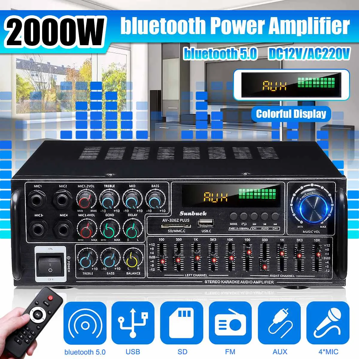 2000 Вт домашний автомобильный стереоусилитель bluetooth объемный звук USB SD AMP FM AUX 4