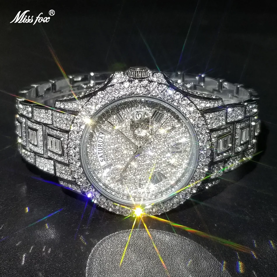

Часы MISSFOX Мужские кварцевые, роскошные полностью со стразами, с датой на день, водонепроницаемые в стиле хип-хоп, Прямая поставка