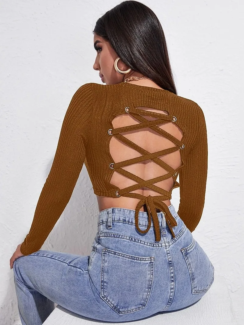 Long Sleeved Short Black Tops Solid Sheath Backless Lace-Up Sexy T Shirt For Women
Long Sleeved Short Black Tops Solid Sheath Backless Lace-Up Sexy T Shirt For Women