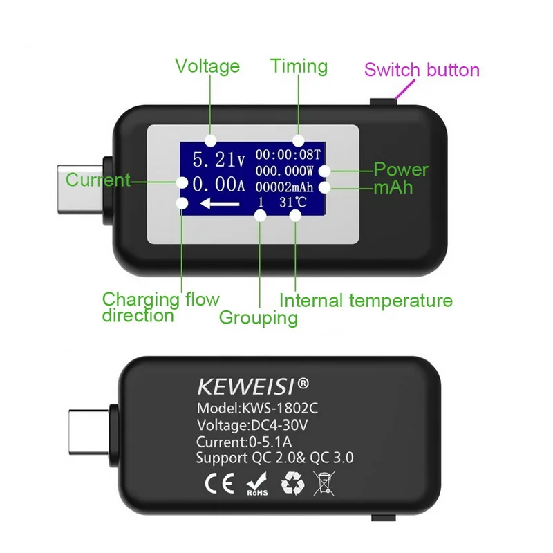 USB тестер мультиметр цифровой и измеритель емкости детектор для смартфона |