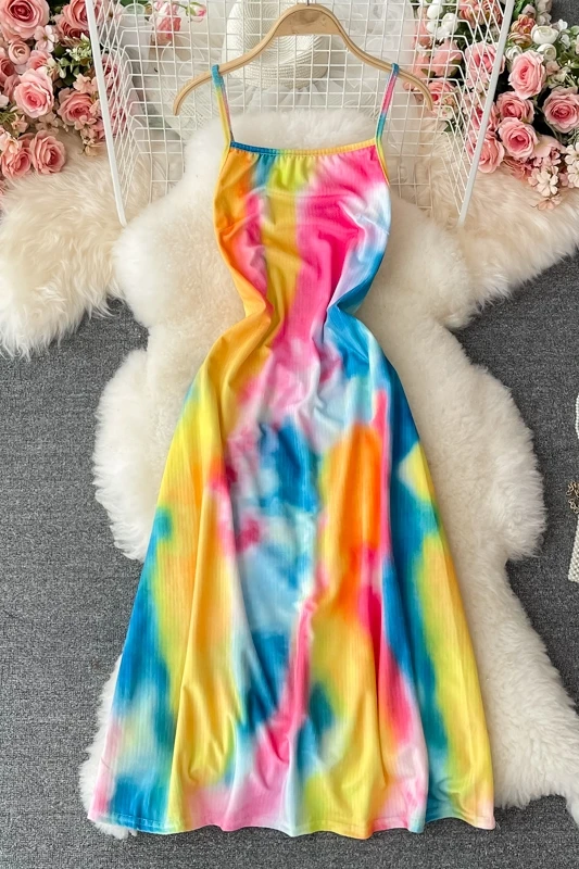 Holiday Rainbow Tie Dye Suspender Strap Printed Dress Girls Fashion Sleeveless Bodycon Mid Dresses 2021 Summer Sundresses Women 
Holiday Rainbow Tie Dye Suspender Strap Printed Dress Girls Fashion Sleeveless Bodycon Mid Dresses 2021 Summer Sundresses Women