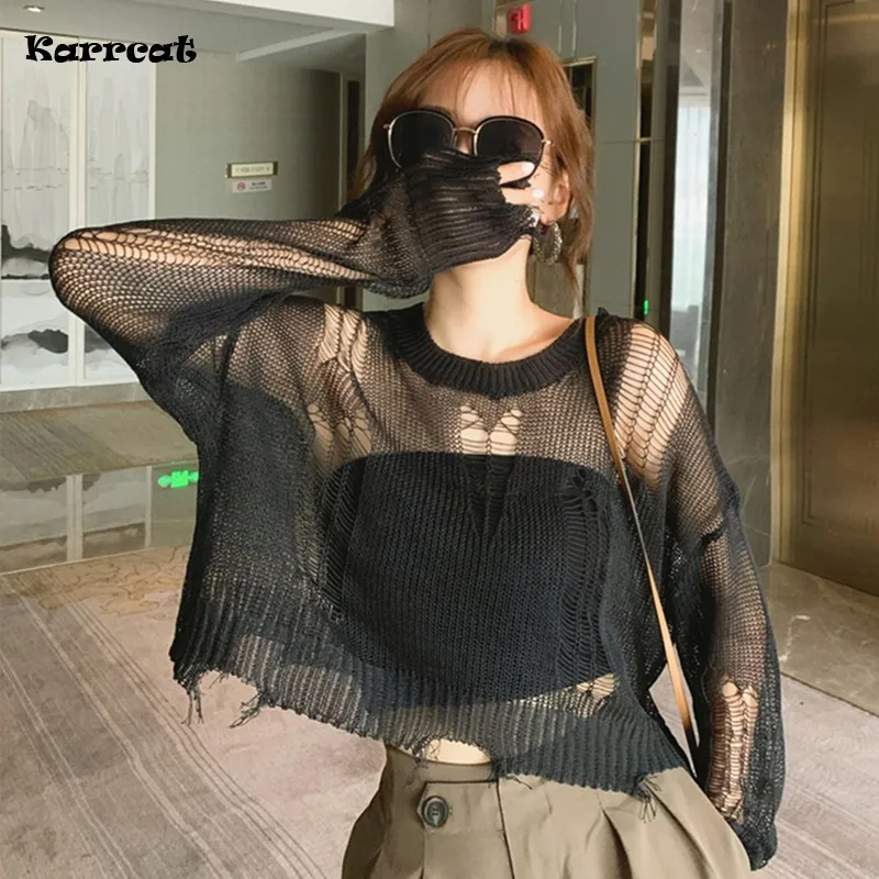 

Karrcat Black Gothic Thin Women Pullover Loose Sweater 2021 Lady Hollow Out Hole Broken Streetwear Stretch Split Knit Short Top