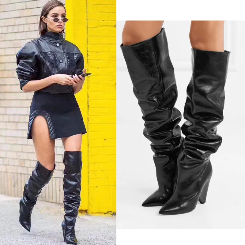 Black Moroder Leather Womens Thigh High Boots Cone Heels Over The Knee Booties Short Long Botas Female Dress Wedding Shoes | Обувь