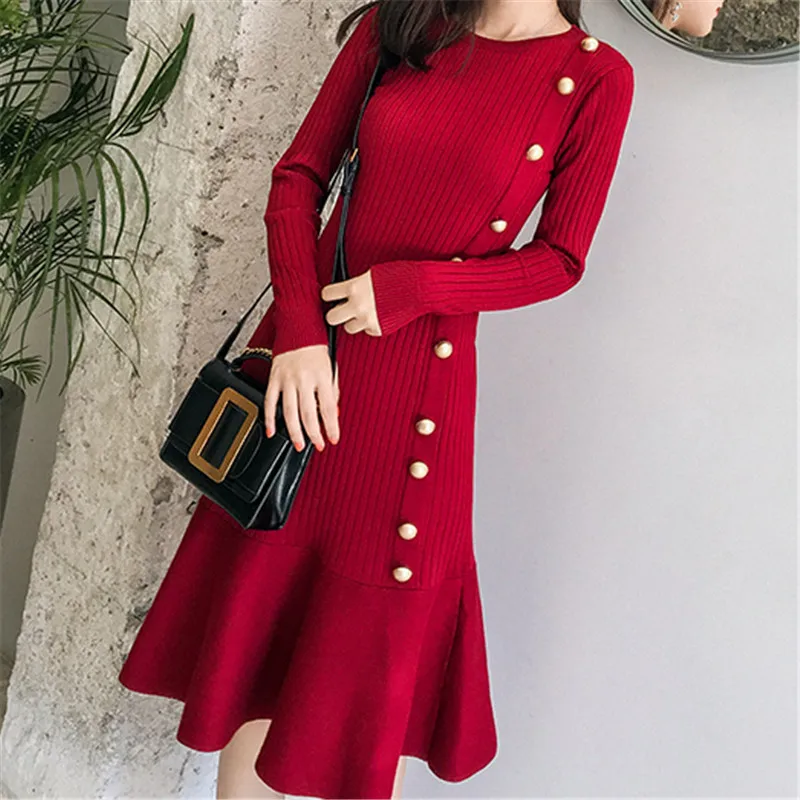 Women Knitted Dress Ladies Fashion Slim Long Sleeves Solid Leotard Bodycon Bottons Knee-length Knitwear Urban Dress Vestido
Women Knitted Dress Ladies Fashion Slim Long Sleeves Solid Leotard Bodycon Bottons Knee-length Knitwear Urban Dress Vestido