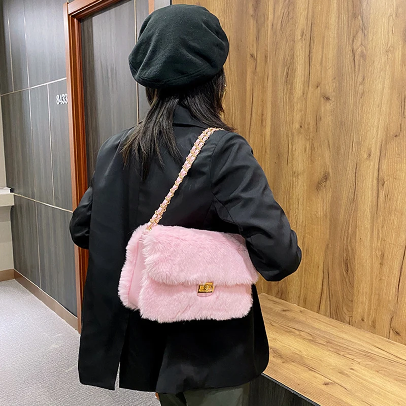 Luxury Women's Bag Faux Fur Pure Color Flap Handbags Winter Designer Plush Double Strap Shoulder Sac Elegant Girl Crossbody Bags