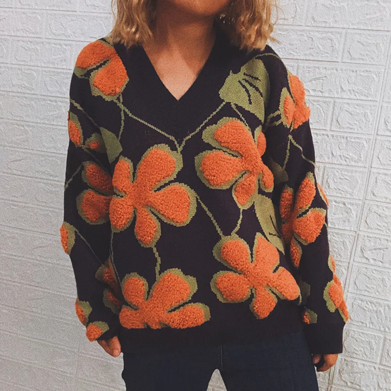 Retro Sticker Flower Long Sleeve Knitted Tops Pullover Autumn Winter Casual Warm Loose Sweaters Women Fashion Sexy V Neck Jumper
Retro Sticker Flower Long Sleeve Knitted Tops Pullover Autumn Winter Casual Warm Loose Sweaters Women Fashion Sexy V Neck Jumper