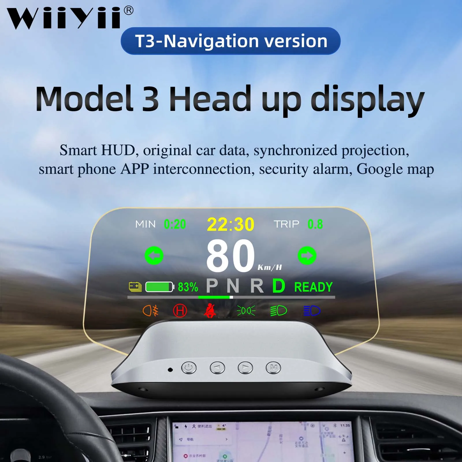 

NEW Mirror T3 HUD Head Up Display Tesla model3 speed mileage Safety Indicator light Driving time System ready Door indicator