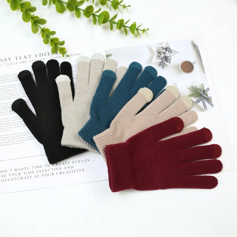 

1 пара вязаных перчаток, однотонные простые универсальные уличные трикотажные перчатки с пятью пальцами для сенсорного экрана, гладкие пер...