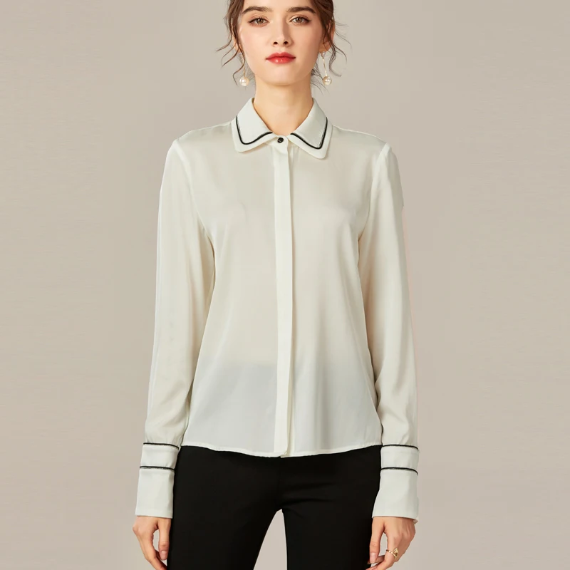 95% Silk 5% Spandex Women's Shirt Peter Pan Collar Long Sleeves Trim Elegant Blouse Fashion Camisa Tops
95% Silk 5% Spandex Women's Shirt Peter Pan Collar Long Sleeves Trim Elegant Blouse Fashion Camisa Tops