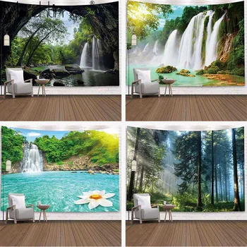 Forest Stream Tapestry 3D Beach Towel Waterfall Landscape Beautiful Painting Wall Carpet Yoga Mat Home Decor Tapestry Tablecloth