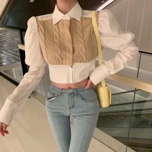 French Vintage Twist Pattern Knit Patchwork Blouse Women Turn Down Collar Puff Long Sleeve Slim Fit Blusas Feminino Shirt
French Vintage Twist Pattern Knit Patchwork Blouse Women Turn Down Collar Puff Long Sleeve Slim Fit Blusas Feminino Shirt