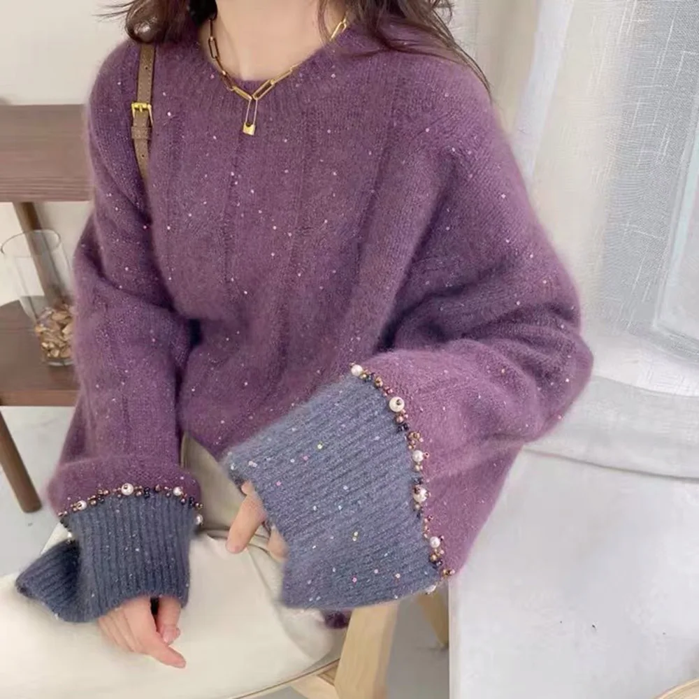 Women Fall Sweater Loose Long Sleeve Thin Pullover Elegant Female New Fashion Sequins Beading Round Neck Casual Solid Sweaters
Women Fall Sweater Loose Long Sleeve Thin Pullover Elegant Female New Fashion Sequins Beading Round Neck Casual Solid Sweaters
