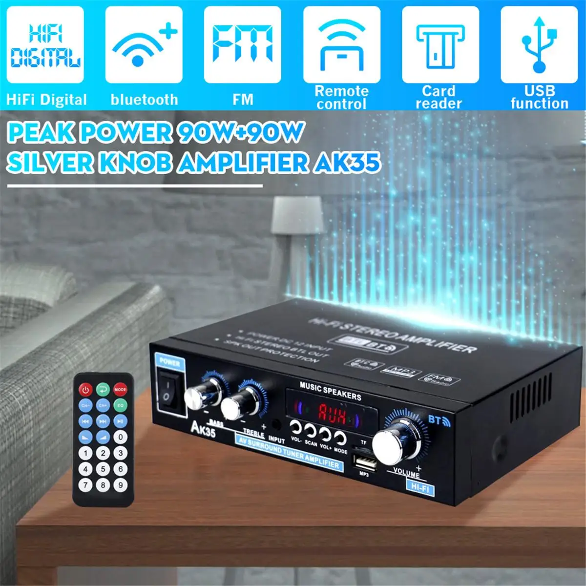 AK35 Home Car Amplifiers 2 Channel bluetooth 5.0 Surround Sound FM USB Remote Control Mini HIFI Digital Amplifier Stereo 90W*2
AK35 Home Car Amplifiers 2 Channel bluetooth 5.0 Surround Sound FM USB Remote Control Mini HIFI Digital Amplifier Stereo 90W*2