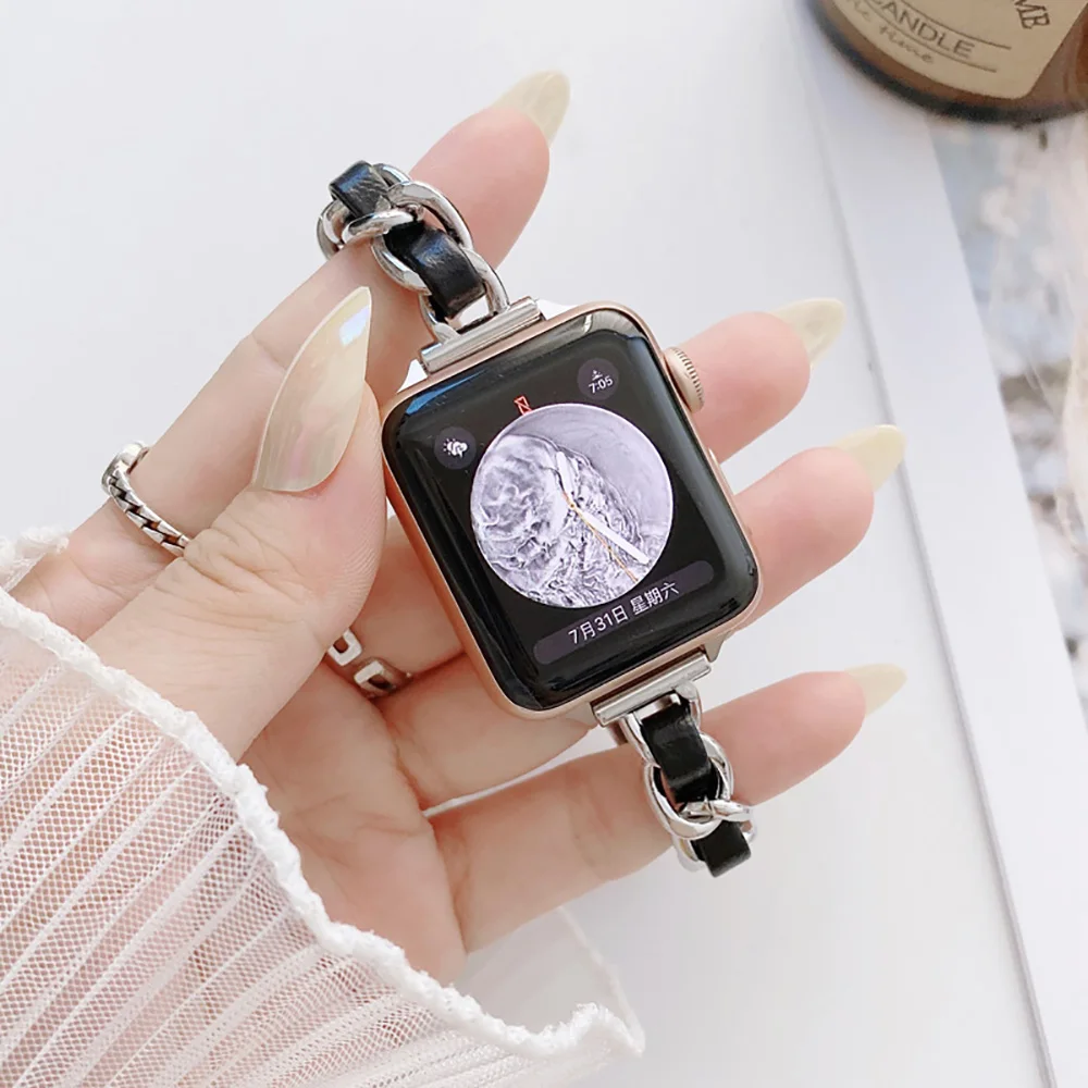 Ремешок для наручных часов Apple Watch Band 40/44 мм 38/42 мм, кожаный браслет с металлической цепочкой для Apple Watch Series se 6 5 4
Ремешок для наручных часов Apple Watch Band 40/44 мм 38/42 мм, кожаный браслет с металлической цепочкой для Apple Watch Series se 6 5 4