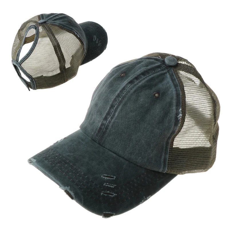 

Women Ponytail Messy High Bun Baseball Cap Washed Distressed Mesh Snapback Hat