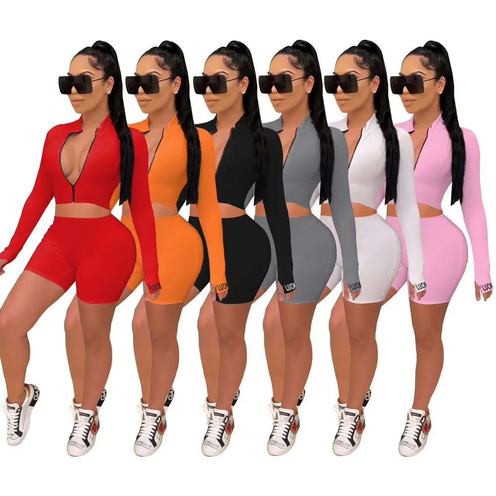Women Lucky Small Embroidered Sporty High Elastic Screw Thread Suits Sexy Zipper Neck Short Sleeve Casual Skinny Shorts Sets
Women Lucky Small Embroidered Sporty High Elastic Screw Thread Suits Sexy Zipper Neck Short Sleeve Casual Skinny Shorts Sets