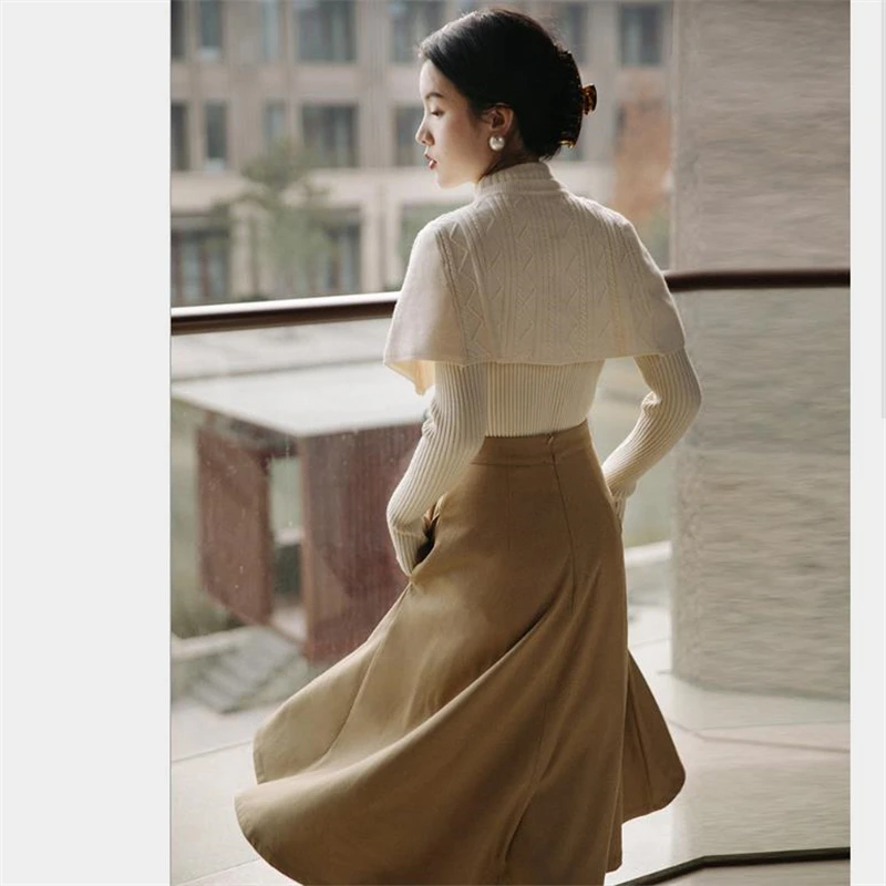 Autumn Winter Suit Women's French Vintage Cloak Turtleneck Knit Sweater And High Waist Skirt Office Ladies Elegant 3Piece Set 
Autumn Winter Suit Women's French Vintage Cloak Turtleneck Knit Sweater And High Waist Skirt Office Ladies Elegant 3Piece Set