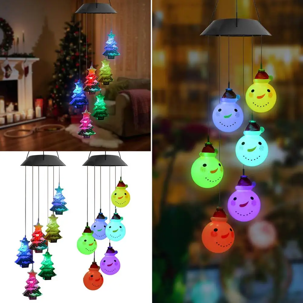 

Color Changing Wind Chimes Snowman Christmas Tree Decorative Lights Solar Wind Chime For Patio Yard Outside Garden Decor