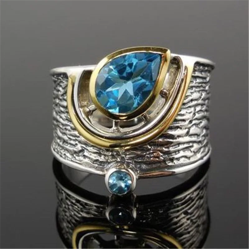 

Vintage Ethnic Style Tow Tone Rings Water Drop Brilliant Blue CZ Stone Cocktail Party Ring Retro Engagement Banquet Jewelry Gift