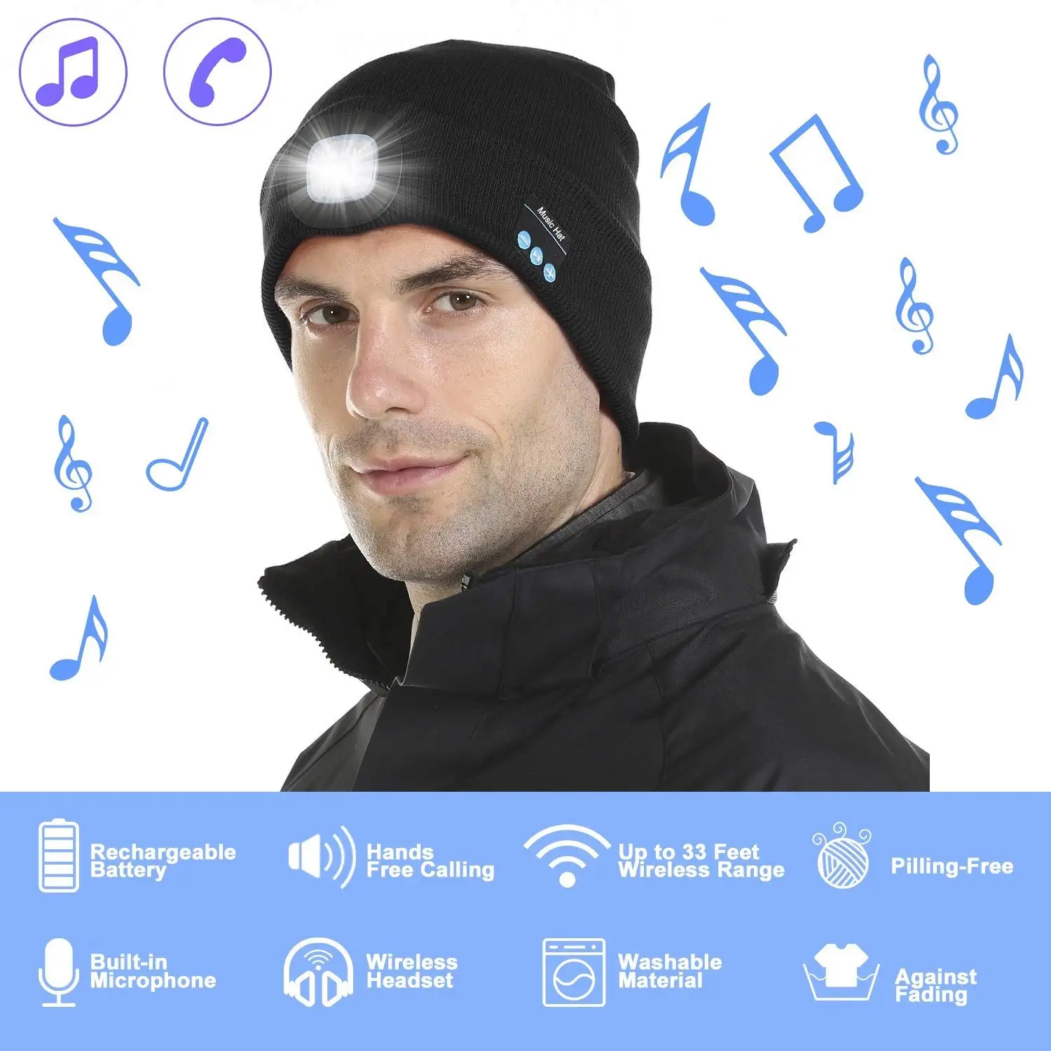 Unisex Bluetooth Headphones Beanie Hat with LED Light,Music Knitted Cap Built-in Speakers & Mic Earbuds for Running Hiking Sport
Unisex Bluetooth Headphones Beanie Hat with LED Light,Music Knitted Cap Built-in Speakers & Mic Earbuds for Running Hiking Sport