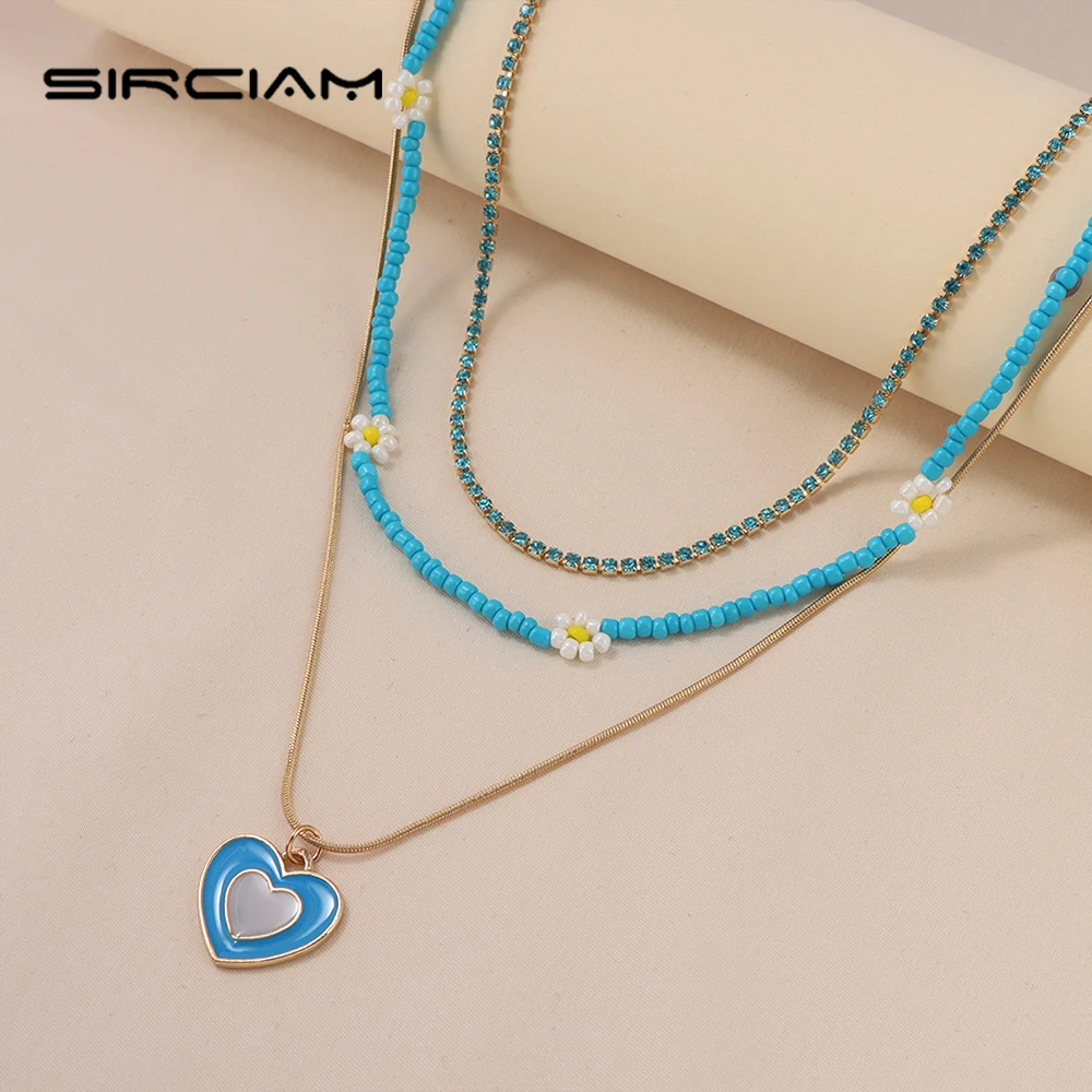 3 Piece Blue Enamel Layered Heart Daisy Beaded Necklace For Women Flower Bead Choker Collar Sweet Charm Necklaces Summer Jewelry
3 Piece Blue Enamel Layered Heart Daisy Beaded Necklace For Women Flower Bead Choker Collar Sweet Charm Necklaces Summer Jewelry