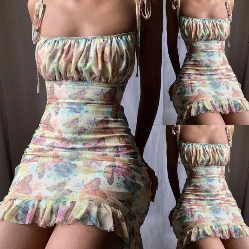 Summer Dress Women Butterfly Printed Sling Dress Backless Ruffle Sexy Tight Pleated Mini Dress
Summer Dress Women Butterfly Printed Sling Dress Backless Ruffle Sexy Tight Pleated Mini Dress
