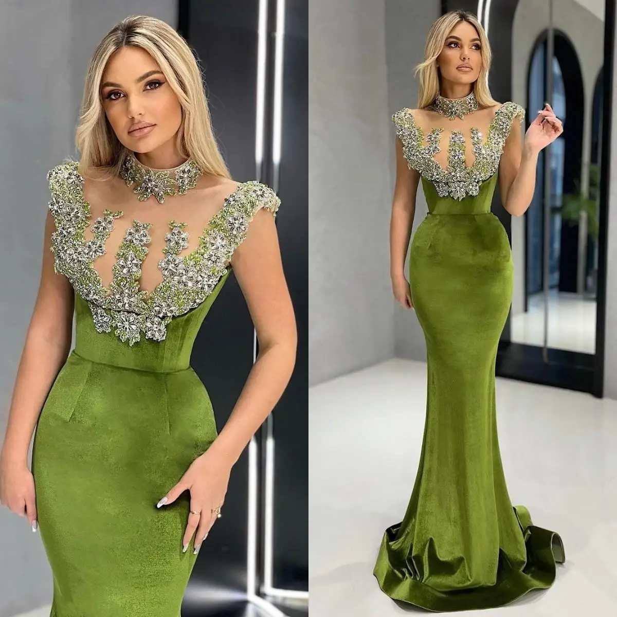

Elegant Green Mermaid Evening Dress Crystal Applique Prom Gowns Sleeveless Velour Velvet Party Second Reception Robe De Soriee