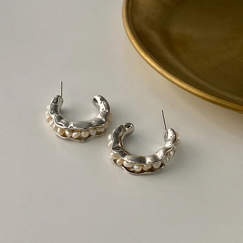 Vintage Pearl Metal Round Stud Earrings 925 Silver Needle Hypoallergenic Woman Girl Hopp Jewelry Gift | Украшения и аксессуары