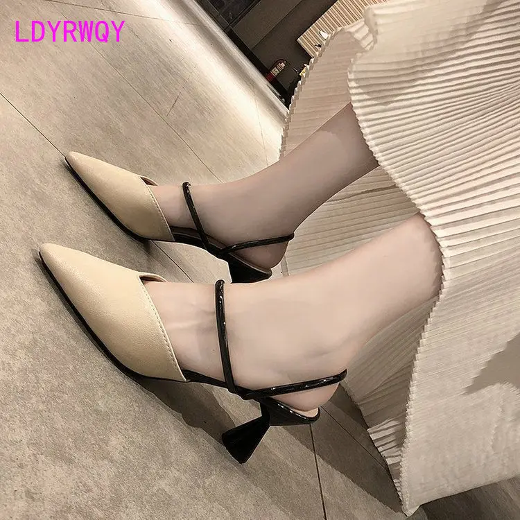 

LDYRWQY Spring 2021 new women's shoes striped two-wear pointed sandals shallow temperament high heels stiletto slippers