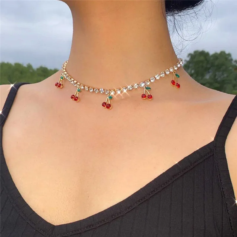 Fashion charm Rhinestone cherry Pendant Necklace women's simple necklace crystal collar girl hip hop jewelry
Fashion charm Rhinestone cherry Pendant Necklace women's simple necklace crystal collar girl hip hop jewelry