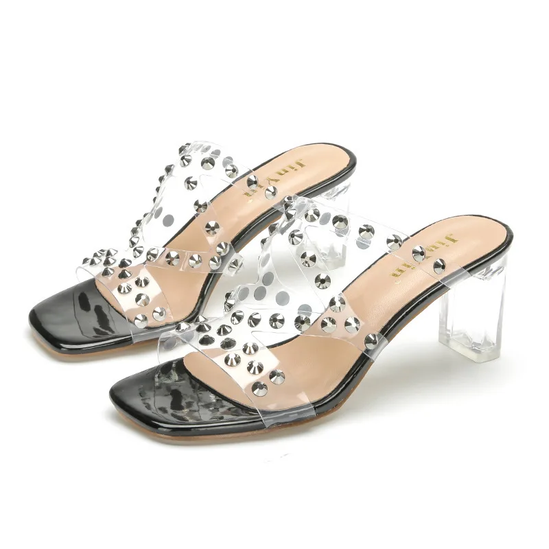 

New Women Sandals PVC rivet Slip On 8CM Thick High Heels Square Toe Shallow women shoes sandalias mujer 2023 size 35-42 black