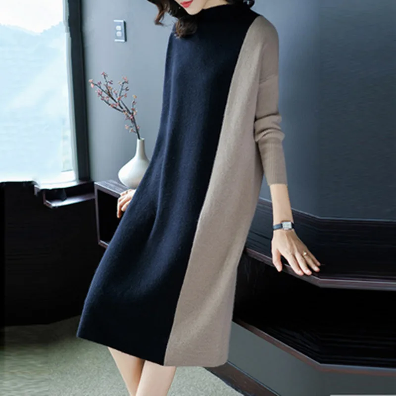 Europe Women 2020 Autumn Winter Stitching Fashion Long Sleeve Dress Female Half Turtleneck Knee-Length Knitted Dress
Europe Women 2020 Autumn Winter Stitching Fashion Long Sleeve Dress Female Half Turtleneck Knee-Length Knitted Dress