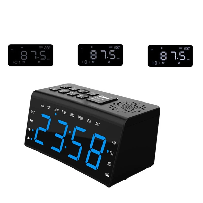 

RA002 Digital Radio Clock Dual Alarms Temperature Snooze Day Time Dimmable Backlit 6.5-Inch LED Screen