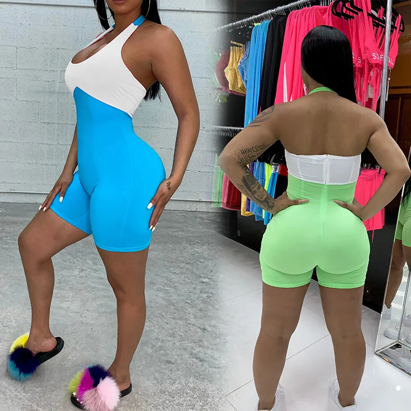 2021 Summer New Women's Wear Color Patchwork Hanging Neck One-piece Shorts Jumpsuit Bodycon Romper Short Palysuits
2021 Summer New Women's Wear Color Patchwork Hanging Neck One-piece Shorts Jumpsuit Bodycon Romper Short Palysuits