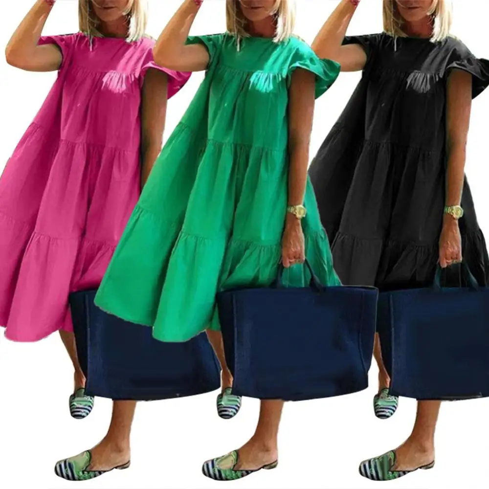 

Dress 2021 Summer Petal Short Sleeve Dress Elegant Casual Solid Color O Neck Ruffled Short Sleeve Large Hem A Line Midi Dress